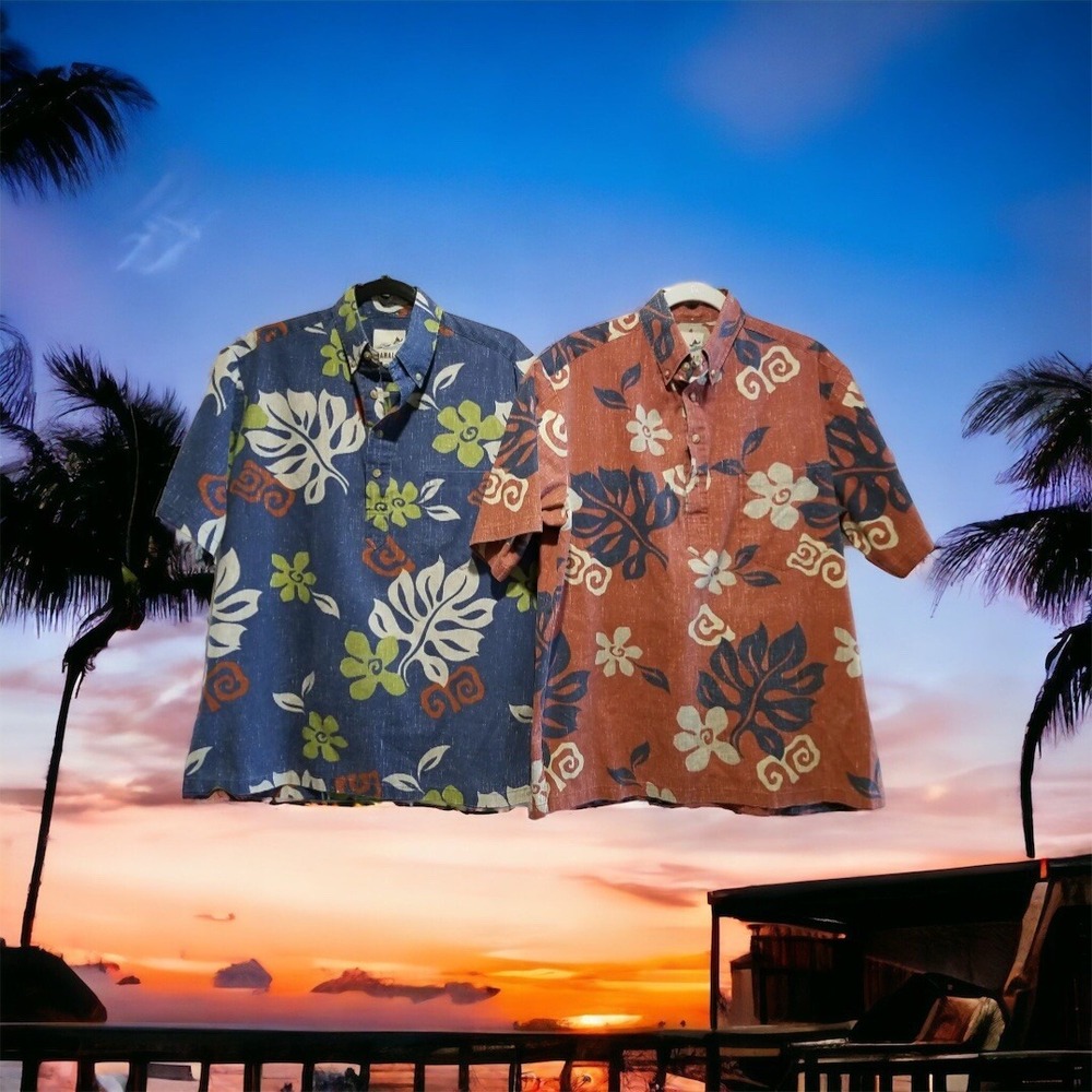 Lot of 2-Mens KAHALA Hawaiian Floral Short Sleeve Shirts size M Blue & Brick Red
